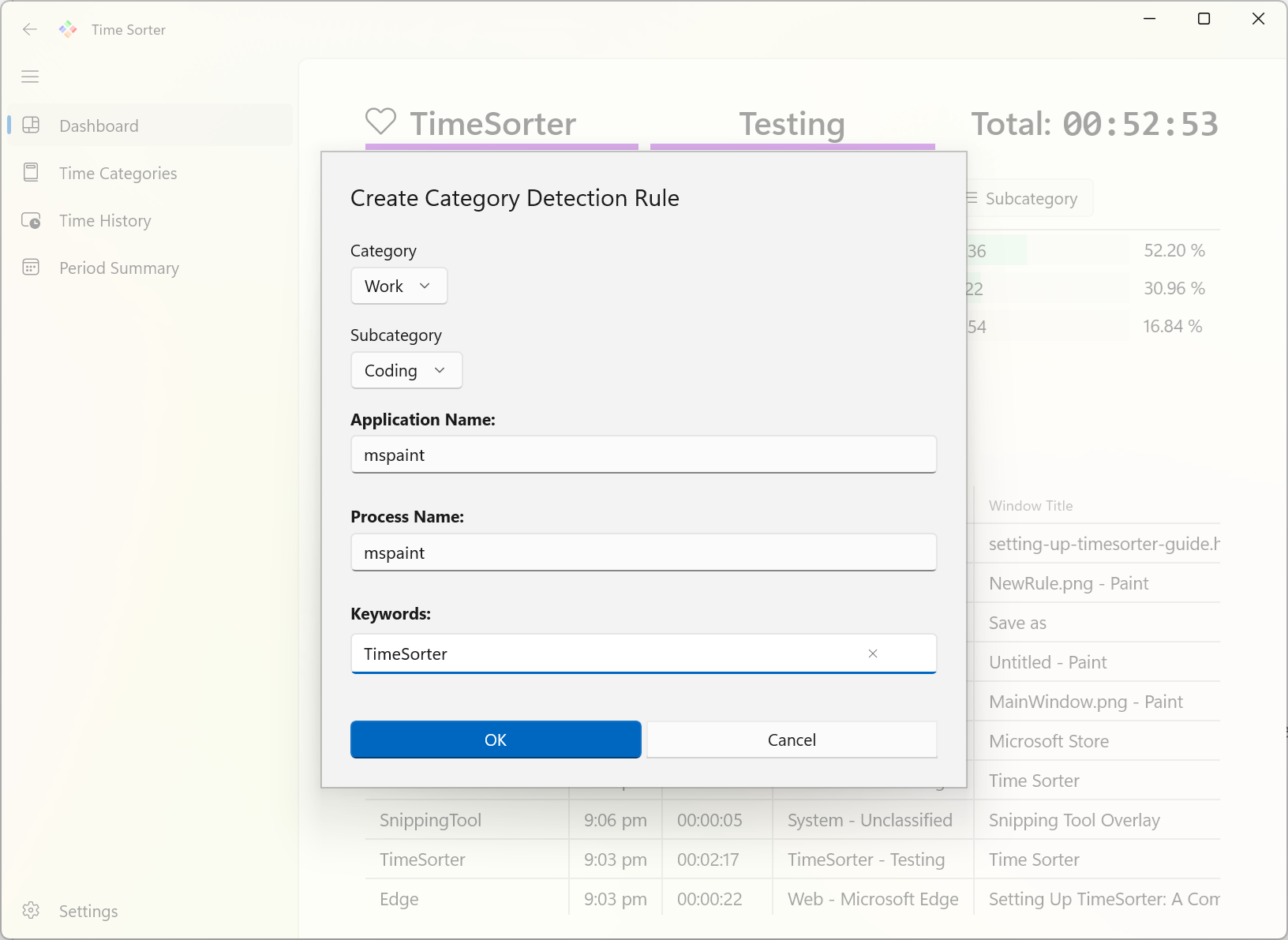 Creating a detection rule dialog with category selection and keyword input